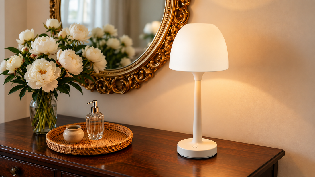 Dual-Light Water Ripple Table Lamp with the diffuser fitted in a warm home setting