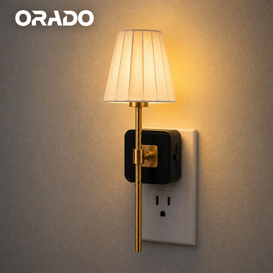 ORADO Vintage Pleated Plug-In Wall Sconce – Dimmable Night Light with Sensor