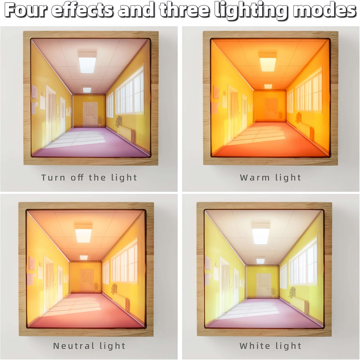 3D diorama lamp shown unlit and with warm, neutral, and white lighting