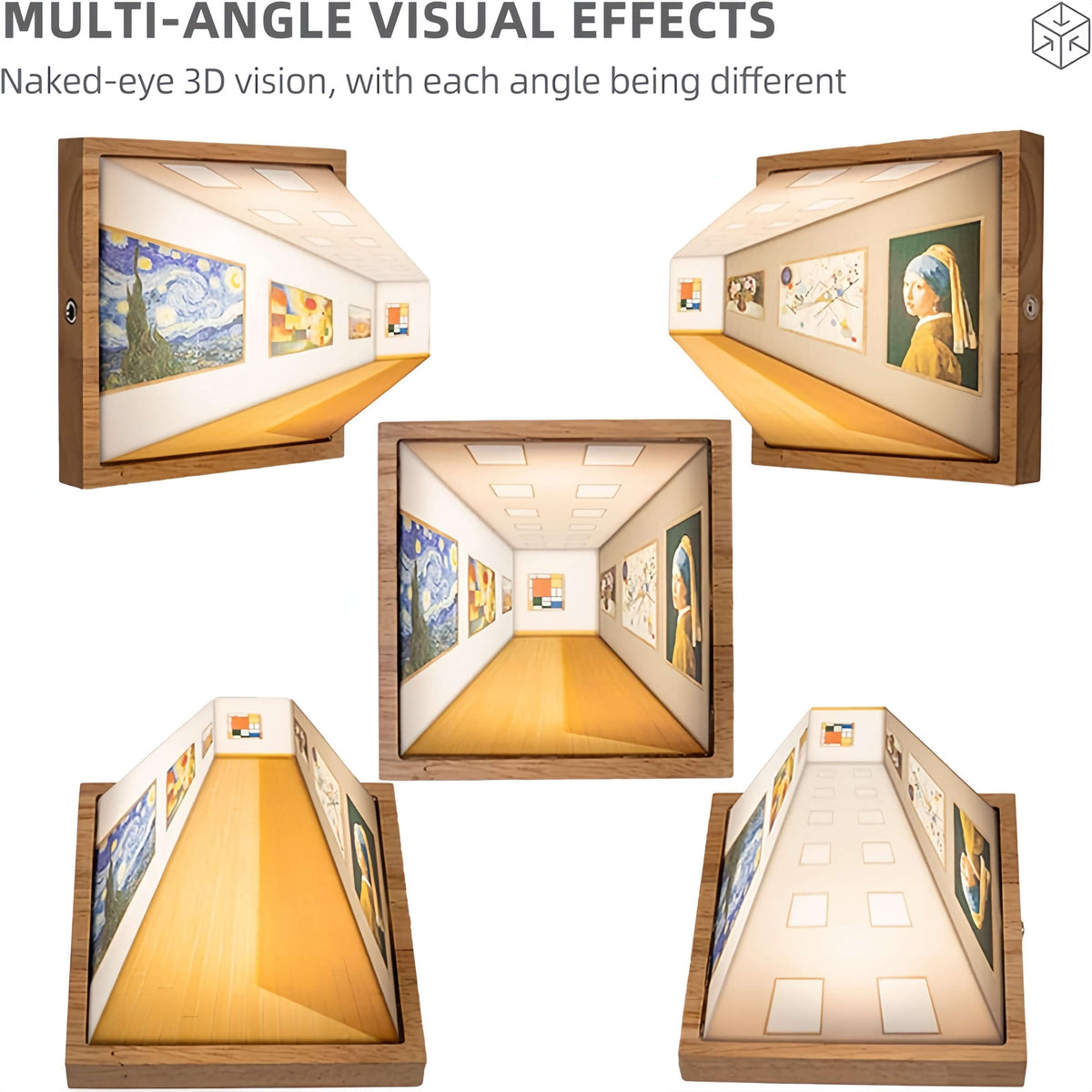 Wood-framed gallery diorama lamp viewed from the front, sides, above, and below