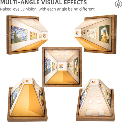 Wood-framed gallery diorama lamp viewed from the front, sides, above, and below