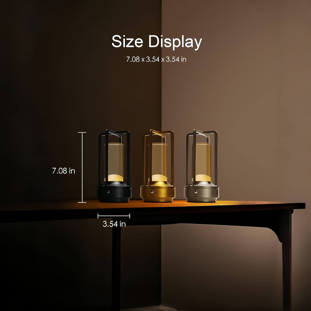 Black, gold, and silver lantern lamps with a height and width diagram