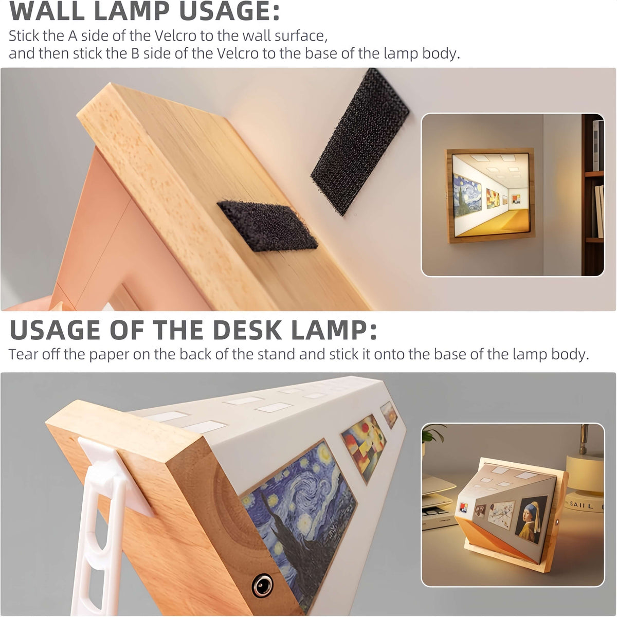 3D diorama lamp instructions showing wall attachment strips and a desktop stand