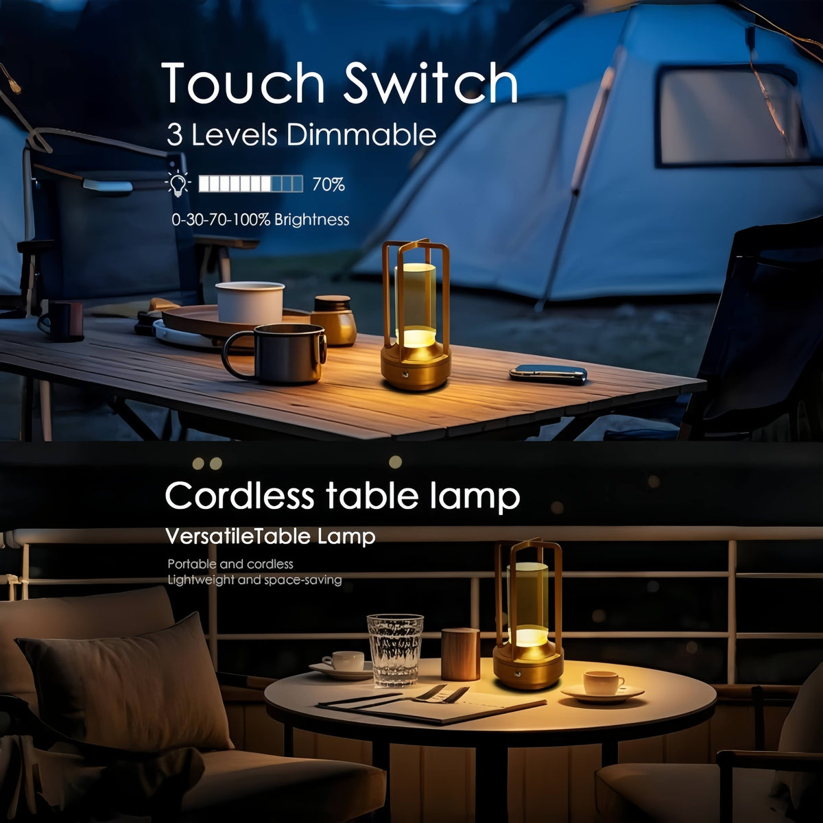 Aluminum lantern lamp collage illustrating touch dimming and cordless table placement