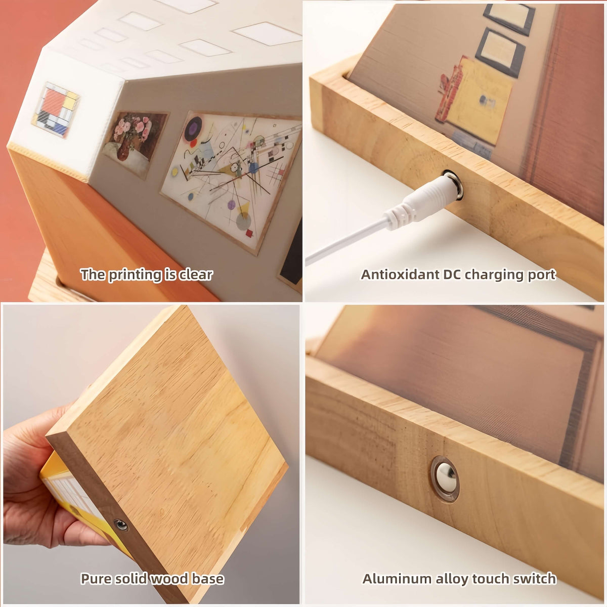 3D diorama lamp close-ups of the display panel, charging port, wood back, and touch switch