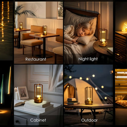Lantern lamp placement collage showing dining, bedside, cabinet, and campsite settings