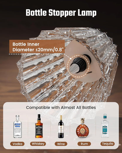 Underside of a bottle-top lamp showing its tapered fitting and example bottle shapes