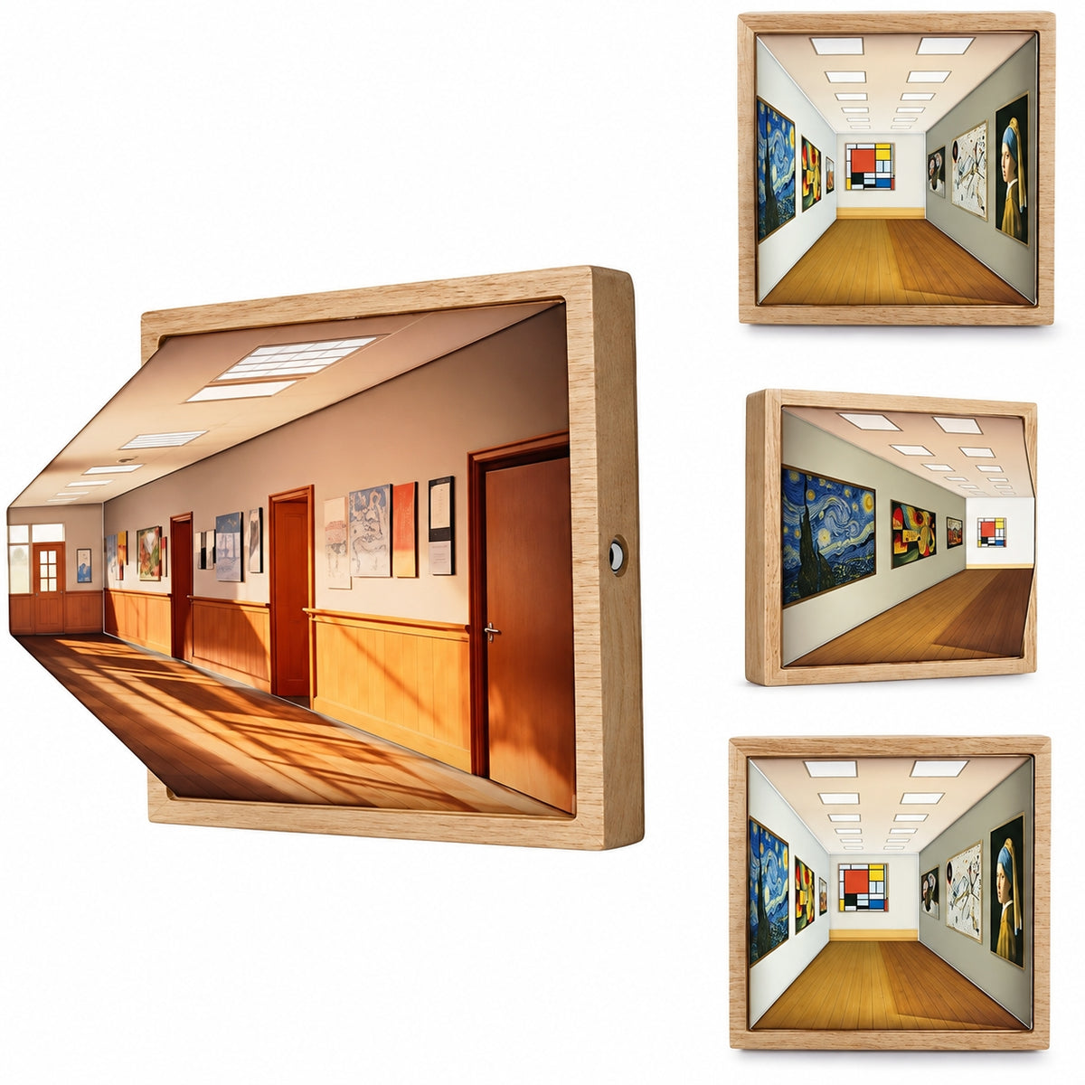 Solid Wood 3D Art Lamp showing illuminated miniature gallery scenes in a wooden frame