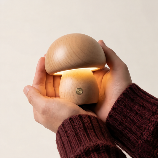 Solid wood mushroom table lamp glowing warmly in two hands