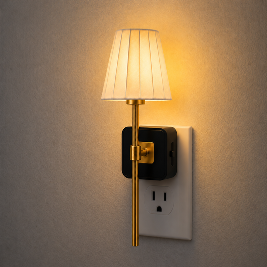 Pleated plug-in night light with brass-tone stem illuminating a wall outlet